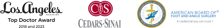 Los Angeles Top Doctor Award, Cedars Sinal, American Board Of Foot and Ankle Surgery logos.